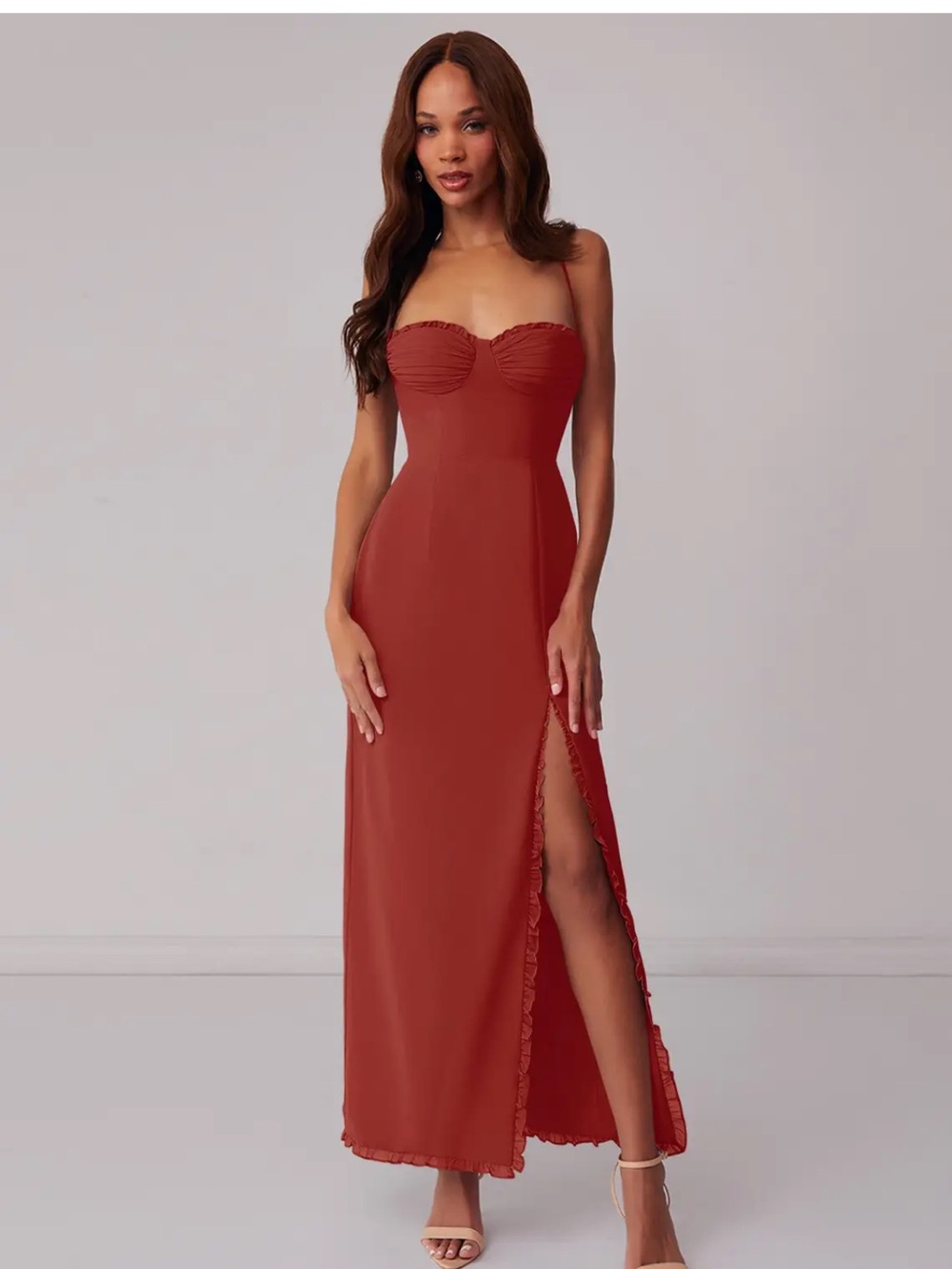 Azazie Strapless Ruffle-Trim Maxi Dress in Rust